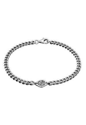 Silver chain bracelet featuring large links, a central oval charm with engraved detail, and a lobster clasp closure.