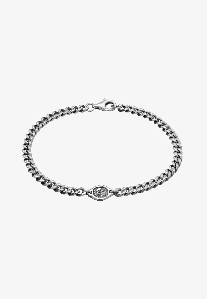 Sidabrinė grandinėlė su dideliais žiedais, centriniu ovaliu pakabuku su išgraviruota detale ir užsegimu-lobsteriu.