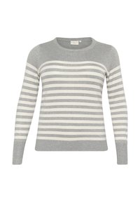 Pull à manches longues gris et blanc à rayures, avec un col ras du cou et des poignets côtelés. Confectionné en tissu doux, avec des rayures horizontales.