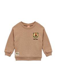 Brązowa bawełniana bluza z długimi rękawami, z haftowanym wzorem twarzy tygrysa oraz napisem "ROAR VIBES", prążkowane mankiety i metka "Enjoy and Explore".