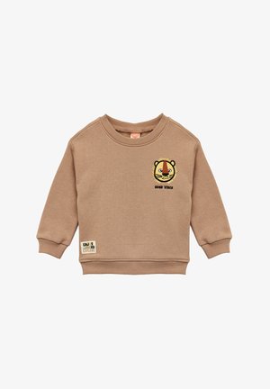Sudadera de algodón marrón con mangas largas, presenta un bordado de cara de tigre y el texto "ROAR VIBES", puños acanalados y una etiqueta que dice "Disfruta y Explora".
