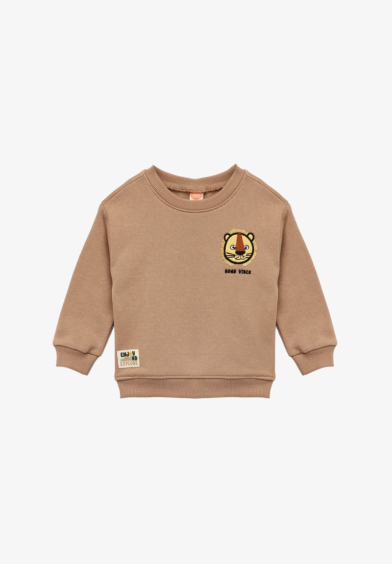 Brun bomulds-sweatshirt med lange ærmer, har en tigeransigt broderi og teksten "ROAR VIBES", ribbede manchetter og et "Nyd og Udforsk" mærke.