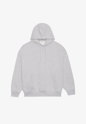 Haut à capuche gris en mélange de coton, avec une capuche à cordon de serrage, une poche frontale, des poignets côtelés et un ourlet. Texture lisse avec une coupe décontractée.