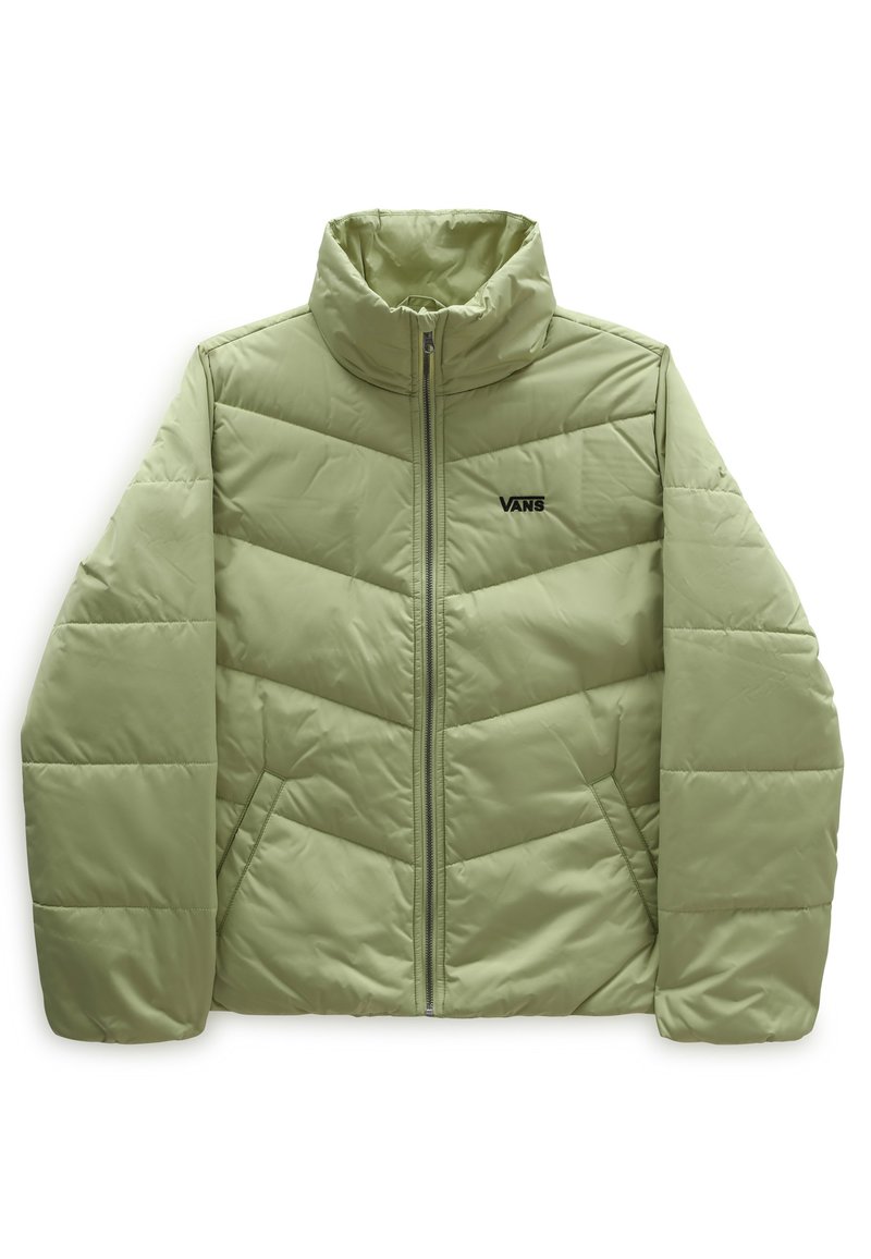 Jasnozielona kurtka puchowa z wysokim kołnierzem, poziomym i chevronowym wzorem pikowania, zamek błyskawiczny oraz czarne logo Vans po lewej stronie.