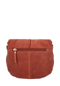 Borsa a tracolla in pelle marrone con una forma arrotondata, dotata di chiusura con cerniera superiore e una tasca frontale con cerniera per ulteriore spazio di archiviazione.