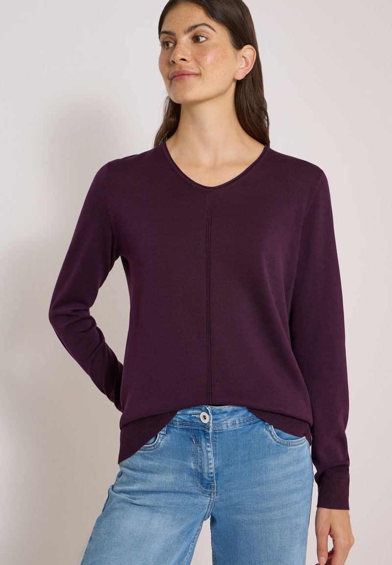 Femme aux longs cheveux foncés portant un pull à manches longues violet foncé et un jean bleu clair, debout devant un fond clair uni.
