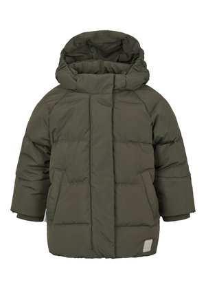 Khakifarbene Steppjacke mit Kapuze, mit einem gesteppten Muster, langen Ärmeln, seitlichen Taschen und gerippten Bündchen. Glattes, wasserabweisendes Material.