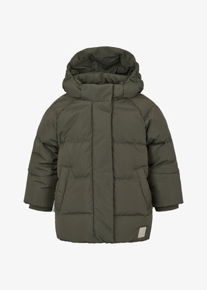 Casaco puffer caqui com capuz, apresentando um padrão acolchoado, mangas compridas, bolsos laterais e punhos canelados. Tecido liso e resistente à água.