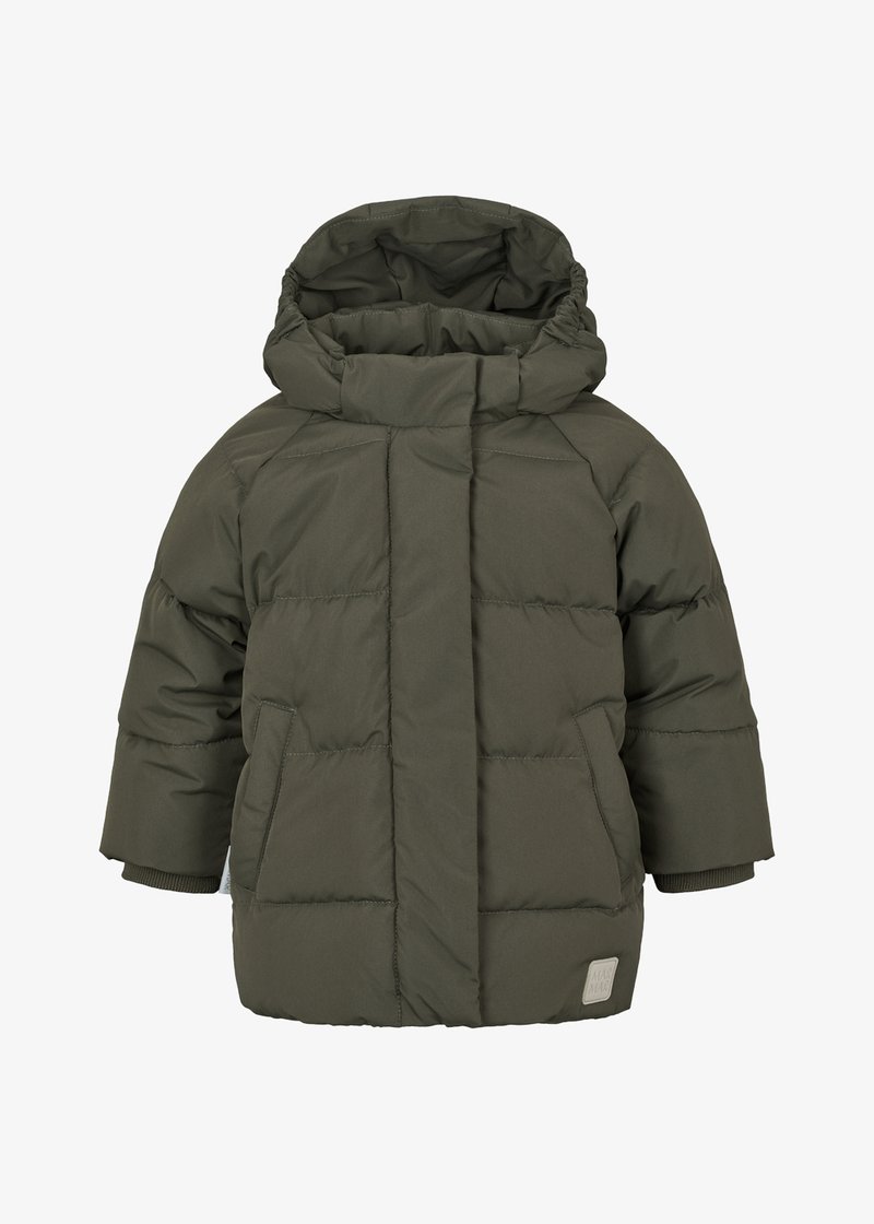 Khakifarbene Steppjacke mit Kapuze, mit einem gesteppten Muster, langen Ärmeln, seitlichen Taschen und gerippten Bündchen. Glattes, wasserabweisendes Material.