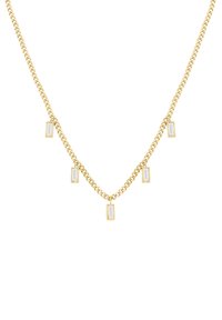 Collana in oro con cinque pendenti rettangolari trasparenti, equidistanti, con una finitura liscia e un aspetto lucido.