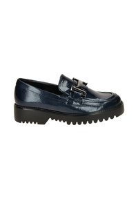 Donkerblauwe gepatineerde leren loafers met een stevige zwarte zool, voorzien van een decoratieve zilveren gesp en een gestructureerde afwerking.