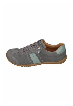 Grey suede sneaker with light blue stripes, brown rubber sole, and grey laces, shown from the side.