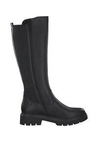 Botas negras hasta la rodilla hechas de cuero suave, con cremallera lateral y panel de elastano para mayor flexibilidad. Suela gruesa con agarre.
