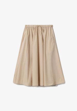 Beige knielanger Rock mit elastischem Bund, Tunnelzug, Seitentaschen und ausgestellter Silhouette.