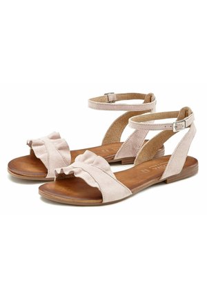 Sandalias planas de ante beige con tiras en el tobillo y hebillas, con tiras delanteras fruncidas y plantillas acolchadas marrones.