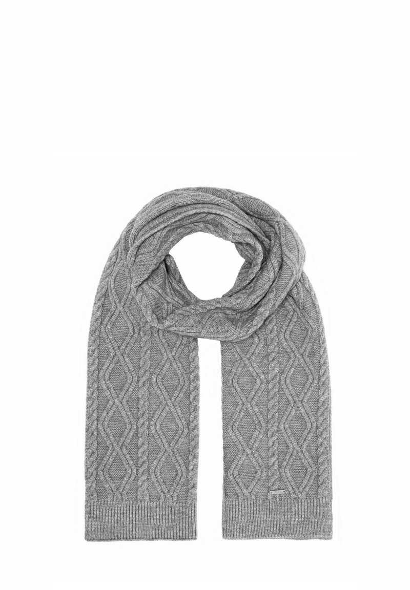 Szary dziergany szalik z wzorem w warkocze, teksturowanym designem i prążkowanymi końcówkami. Miękki materiał o średniej długości i umiarkowanej grubości.