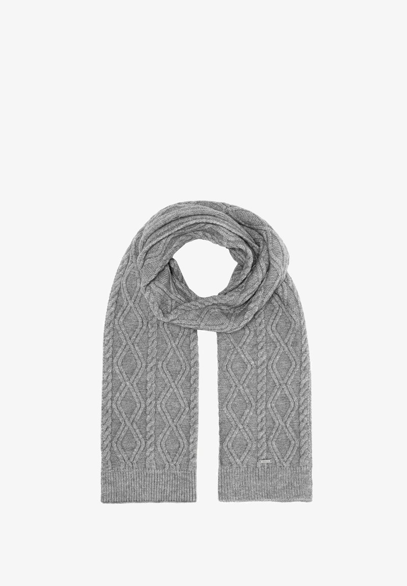 Szary dziergany szalik z wzorem w warkocze, teksturowanym designem i prążkowanymi końcówkami. Miękki materiał o średniej długości i umiarkowanej grubości.