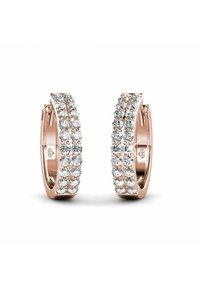 Orecchini a cerchio in oro rosa decorati con strass trasparenti a taglio rotondo disposti in un motivo lineare, con una finitura lucida e chiusura sicura.