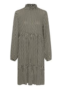 Robe à motifs noir et beige avec des manches longues, un col haut froncé et un design à volants. Fabriquée en tissu léger.