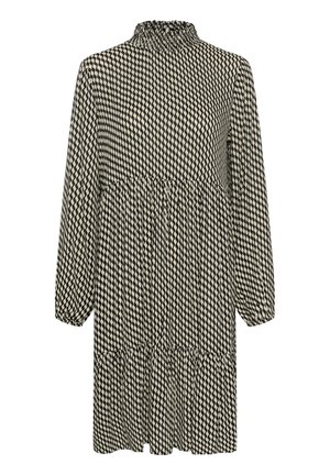 Must mustriga mustriga mustriga kleit, millel on pikad varrukad, rätikuga kõrge kaelus ja kihiline disain. Valmistatud kergetest materjalidest.