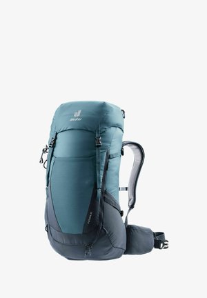 Teal and dark gray hiking backpack with a padded back, adjustable straps, front zipper pocket, and a roll-top closure. Features the brand logo.