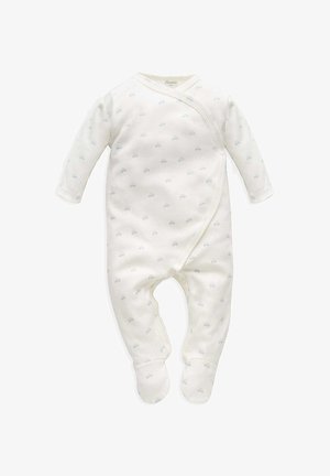 Langärmliger Babybody aus cremefarbener Baumwolle mit hellblauem Auto-Druck, Wickeldesign und Druckknöpfen am Boden und an der Seite. Weicher und dehnbare Stoff.