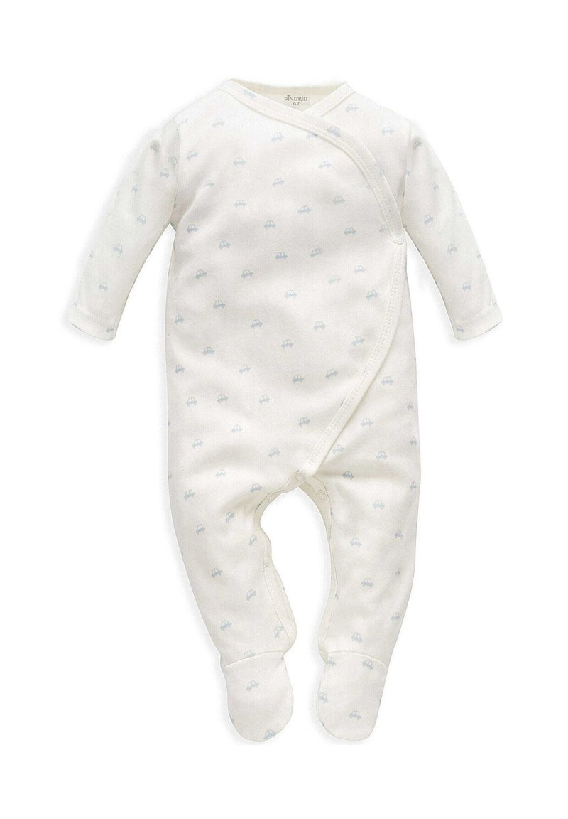 Langärmliger Babybody aus cremefarbener Baumwolle mit hellblauem Auto-Druck, Wickeldesign und Druckknöpfen am Boden und an der Seite. Weicher und dehnbare Stoff.