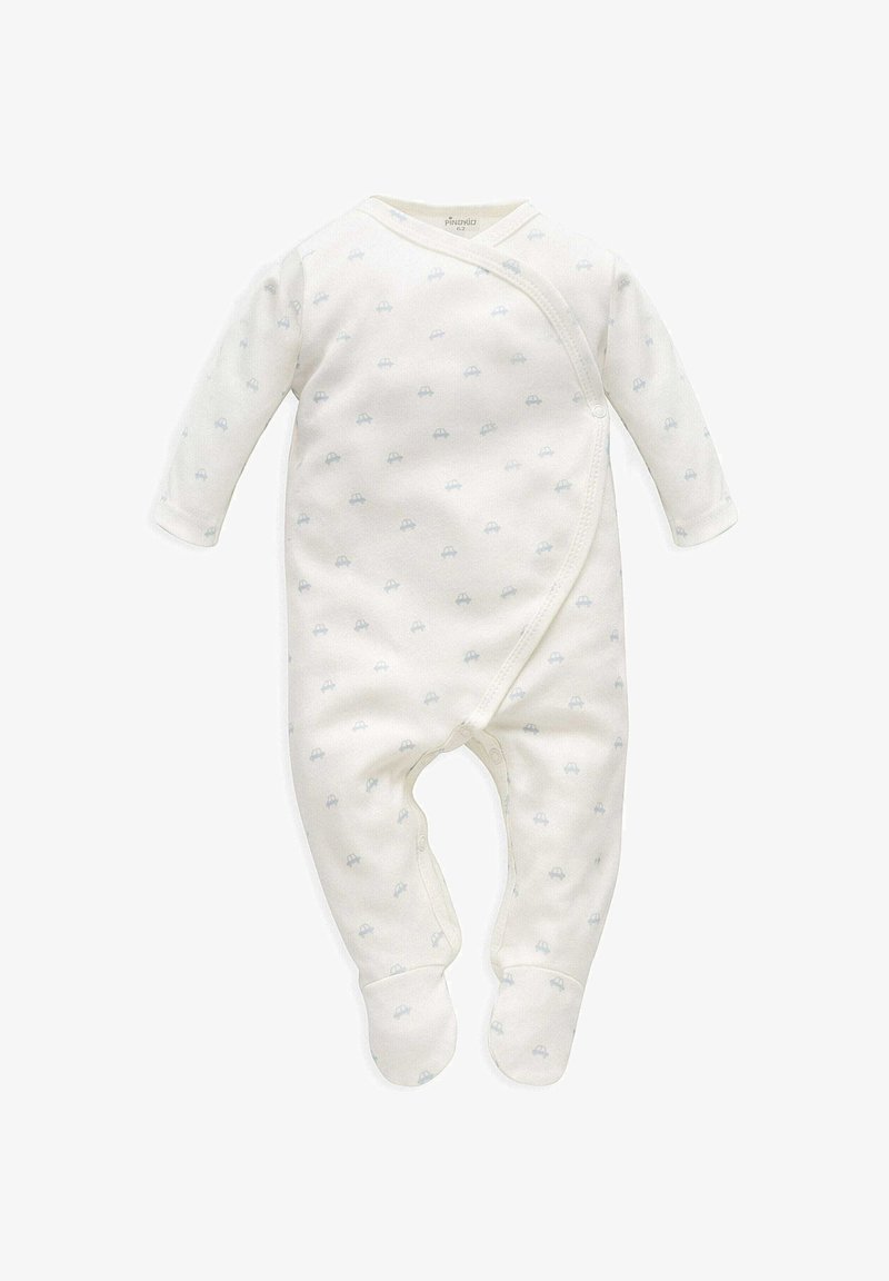 Bodysuit pour bébé à manches longues en coton crème avec imprimé de voiture bleu clair, design enveloppant et fermetures à pression en bas et sur le côté. Tissu doux et extensible.