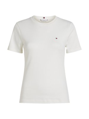 T-shirt de algodão branco de manga curta com cuello redondo e pequeno logótipo no lado esquerdo do peito. Textura suave, design ajustado.