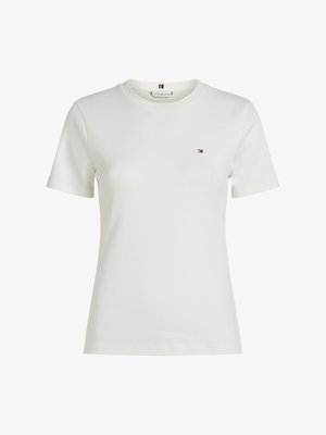 Vit kortärmad bomullströja med rund hals och liten logotyp på vänster bröst. Slät textur, figurnära design.