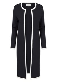 Černý kardigan s dlouhými rukávy a otevřeným předním dílem, lemovaný bílým lemem podél okrajů a manžet. Měkká látka s hladkou texturou.