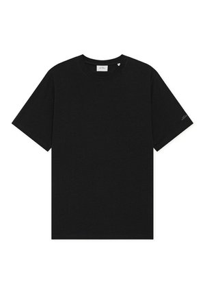 T-shirt noir en coton, doté d'un col rond et de manches courtes, avec un petit logo sur la manche gauche.