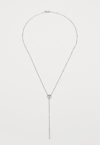Delicate silver chain necklace with a circular logo pendant and a vertical bar adorned with small crystals hanging from the center.
