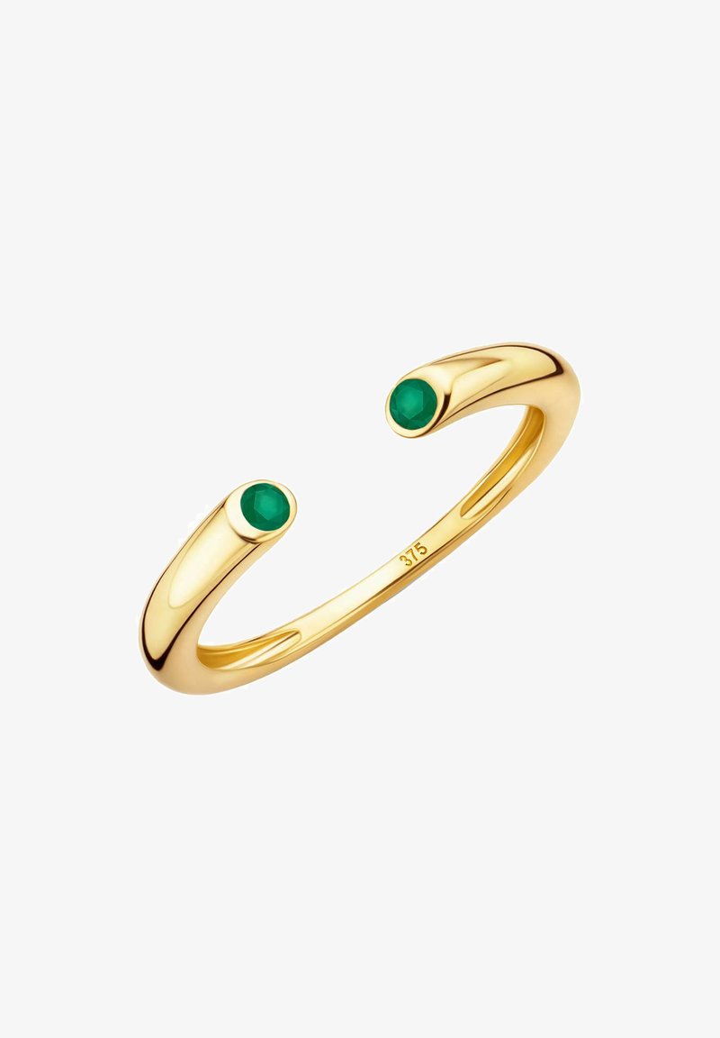 Gold open cuff ring featuring two green gemstones at each end. Smooth, polished finish with rounded edges and hallmark engraving.
