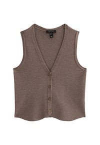 Brun, ärmlös cardigan med v-ringning och fem knappar, med ett mjukt, strukturerat tyg och något rundad nederkant.