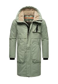 Svetlozelená parka s kapucňou s umelým kožuchom, predným zipsom, viacerými vreckami a elastickými manžetami pre teplo a pohodlie.