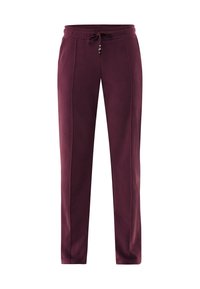 Burgundské slim fit tepláky se bočními kapsami vpředu, elastickým pasem a stahovací šňůrkou.