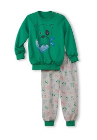Groene sweatshirt met hondenafbeelding en blauwe bandana. Grijze broek met veelkleurige hondenprints. Gebreide stof, geribbelde manchetten en tailleband.