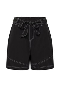Shorts noirs taille haute avec surpiqûres blanches contrastantes et ceinture en tissu nouée en nœud à l'avant.