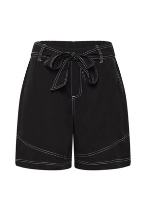 Fekete, magasított derekú rövidnadrág fehér kontrasztos varrással és elöl masnira kötött szövetövvel.