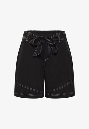 Shorts neri a vita alta con cuciture a contrasto bianche e cintura in tessuto annodata a fiocco sul davanti.