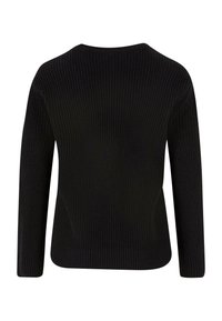 Czarny, prążkowany sweter z długim rękawem i okrągłym dekoltem pokazany z tyłu.
