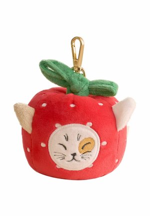 Red plush strawberry pouch with stitched cat face, green leaf details, beige cat ears, and attached gold keychain clip.