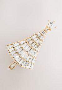 Gold-tone Christmas tree brooch with clear, rectangular crystals arranged in layers, featuring a star accent at the top.