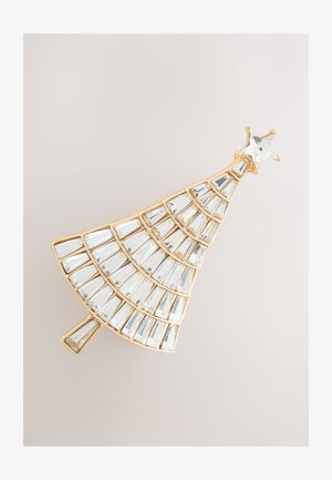 Goldfarbene Weihnachtsbaum-Brosche mit klaren, rechteckigen Kristallen, die in Schichten angeordnet sind, mit einem Sternakzent oben.