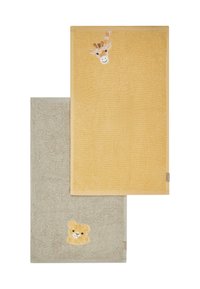 Two bath mats: one yellow with a giraffe face embroidery, the other grey featuring a lion cub face. Both plush and soft textured.