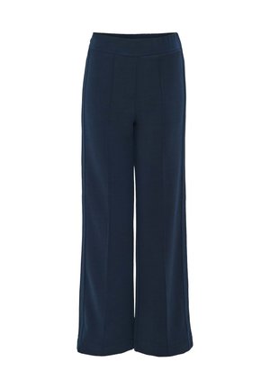 Pantaloni larghi blu navy con cintura elastica, caratterizzati da cuciture verticali per un design snello e una texture di tessuto morbido e liscio.