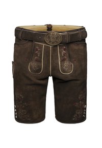 Shorts en cuir marron avec broderies florales décoratives en rouge et vert. Ils comportent une large taille, des détails de couture et des accents de boutons.