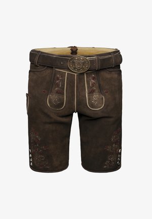 Braune Lederhosen mit dekorativer floralem Stickerei in Rot und Grün. Verfügt über einen breiten Bund, Nähdetails und Knopfakzente.
