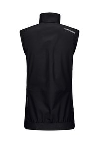 Schwarze ärmellose Softshell-Weste mit hohem Kragen, elastischem Bund und weißem "ORTOVOX"-Logo auf der oberen rechten Rückseite.